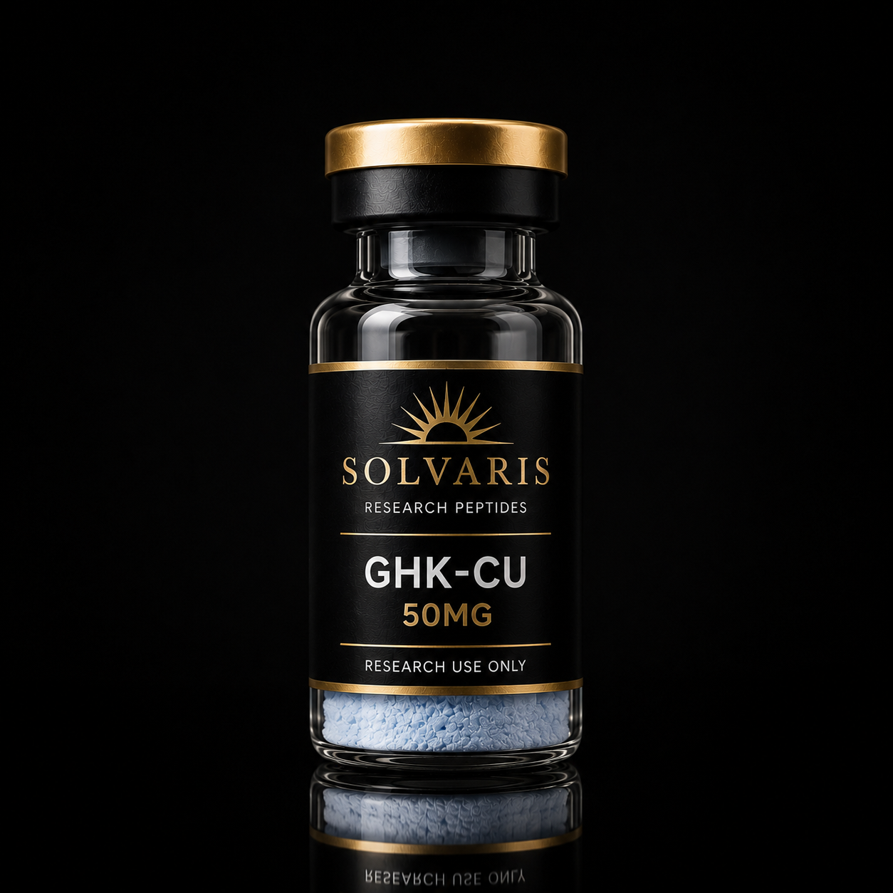 A bottle of Solvaris GHK-CU 50MG research peptides on a solid black background with a reflection below.