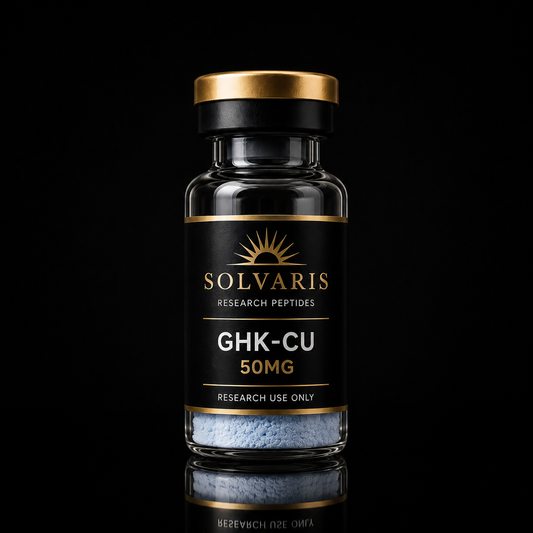 A bottle of Solvaris GHK-CU 50MG research peptides on a solid black background with a reflection below.