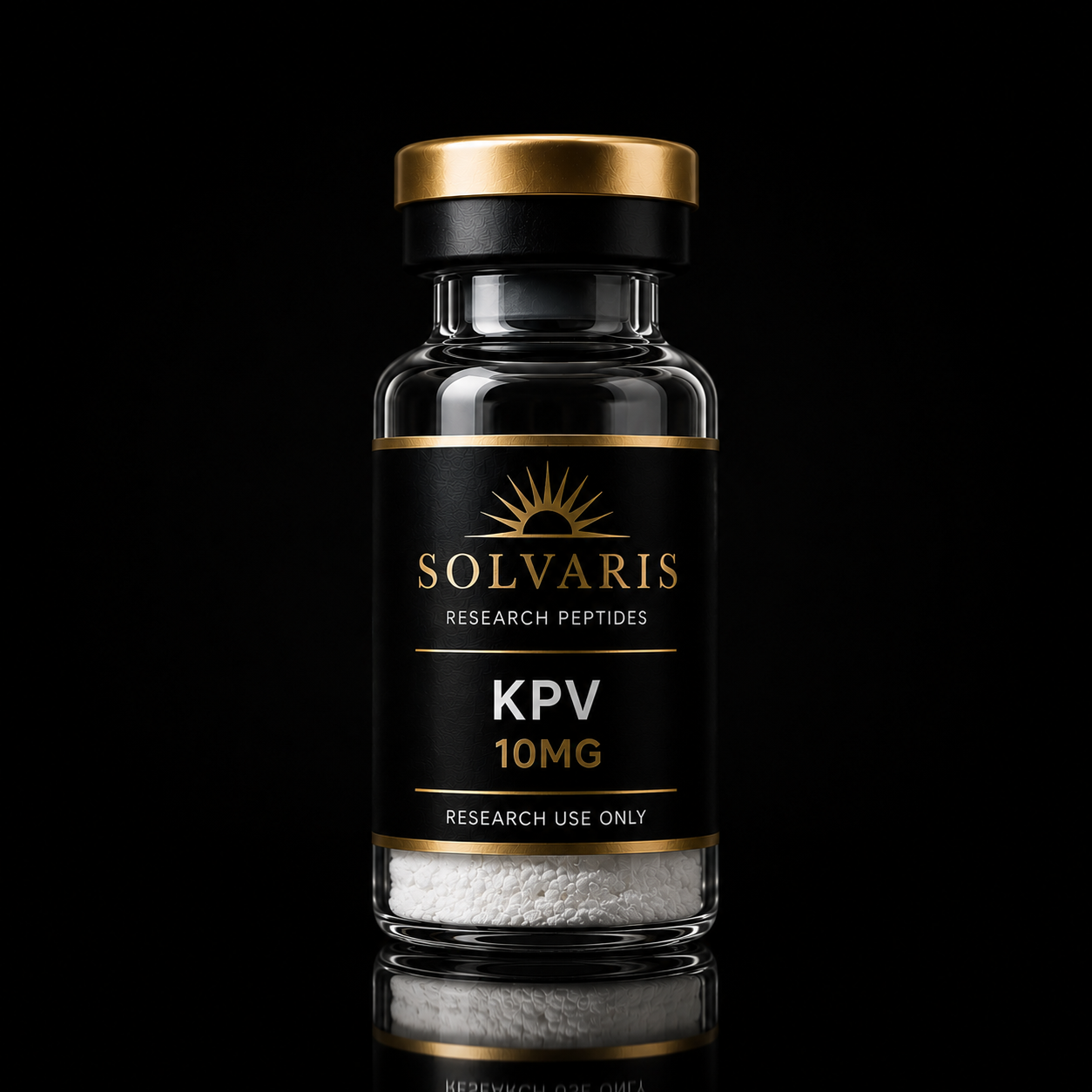 A glass vial of Solvaris KPV 10mg research peptides, featuring a black label with gold lettering and a gold cap, set against a solid black background with a reflection below.
