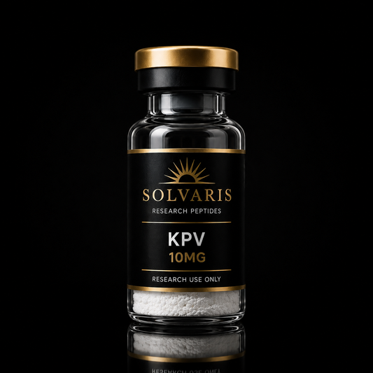 A glass vial of Solvaris KPV 10mg research peptides, featuring a black label with gold lettering and a gold cap, set against a solid black background with a reflection below.
