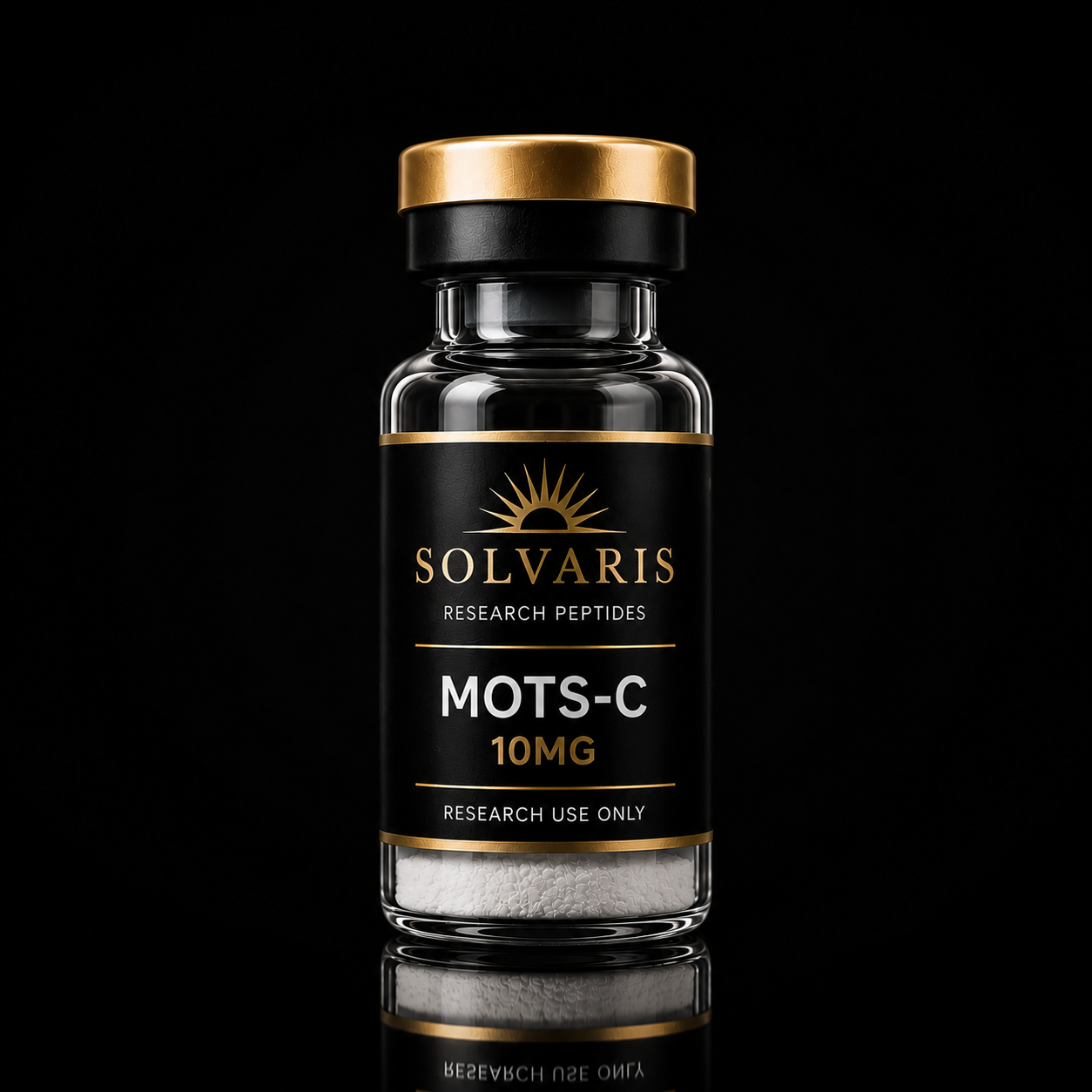 A glass vial of Solvaris MOTS-C 10MG research peptides, featuring a black label with gold lettering and a metallic gold cap, set against a solid black background with a reflection below.