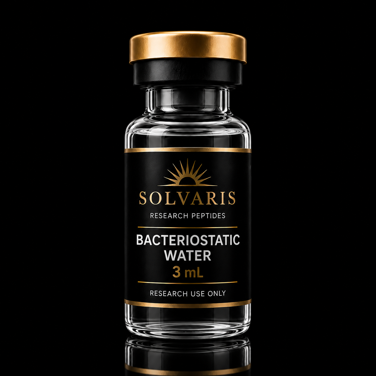 A 3 mL glass vial of Solvaris Research Peptides Bacteriostatic Water, featuring a black label with gold and white text and a metallic gold cap, set against a solid black background.