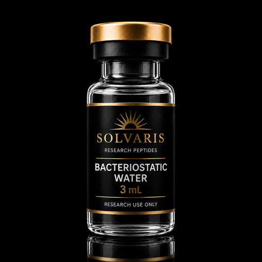 A 3 mL glass vial of Solvaris Research Peptides Bacteriostatic Water, featuring a black label with gold and white text and a metallic gold cap, set against a solid black background.