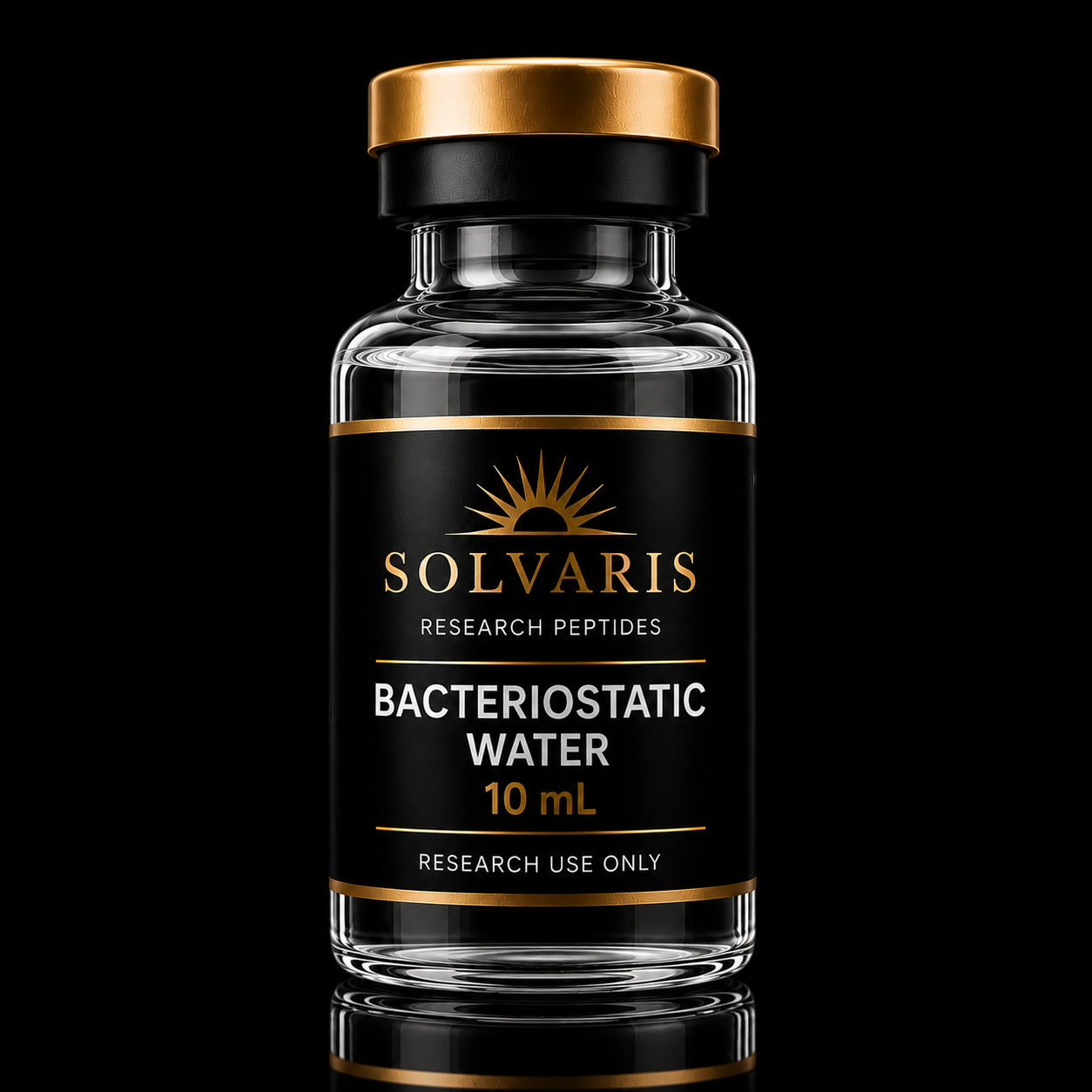 A 10 mL glass vial of Solvaris Research Peptides Bacteriostatic Water, featuring a black label with gold lettering and a metallic gold cap, set against a solid black background.