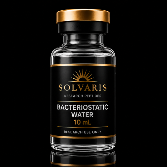 A 10 mL glass vial of Solvaris Research Peptides Bacteriostatic Water, featuring a black label with gold lettering and a metallic gold cap, set against a solid black background.